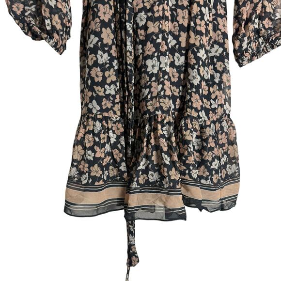 Club Monaco Silk Black Floral Print V-Neck Blouson Long Sleeve Mini Dress Sz 12 - Picture 12 of 16